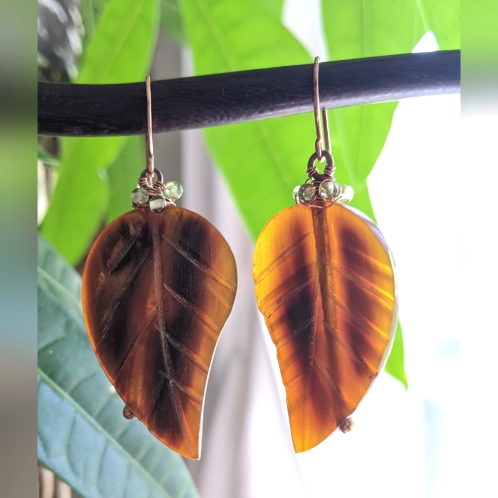Artisan Autumn Leaf Earrings Carved Horn Hand Wrapped In Solid Copper - Picture 10 of 16